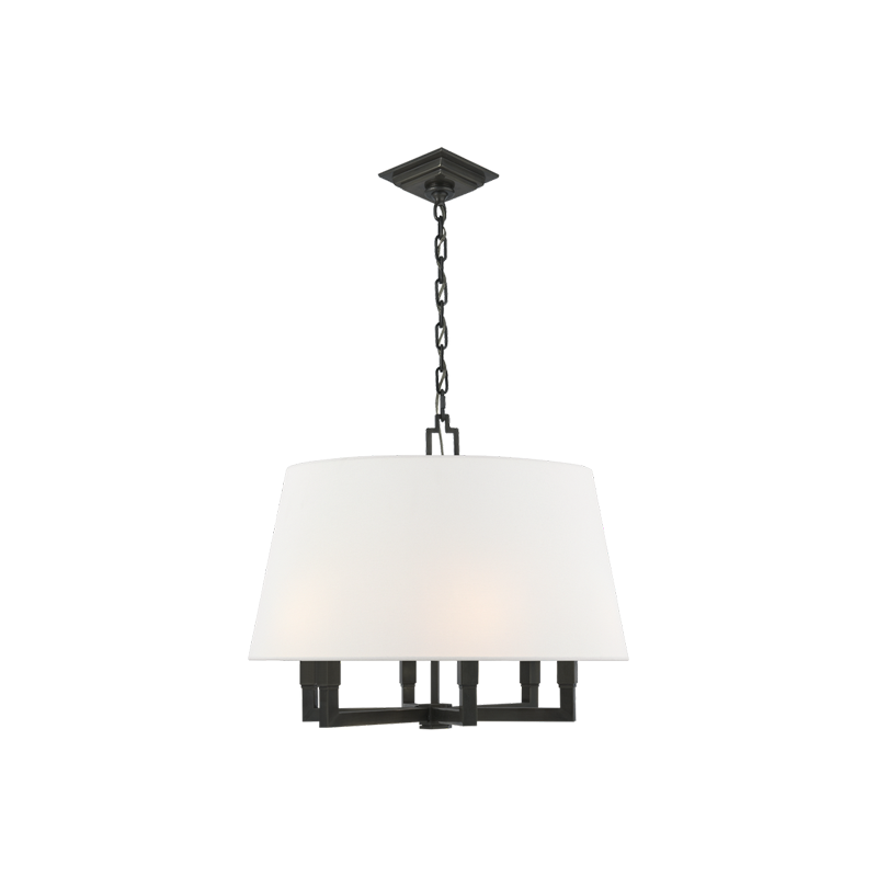 Square Tube chandelier in Antique Black with Linen shade, angular arms, black chain and stepped square canopy