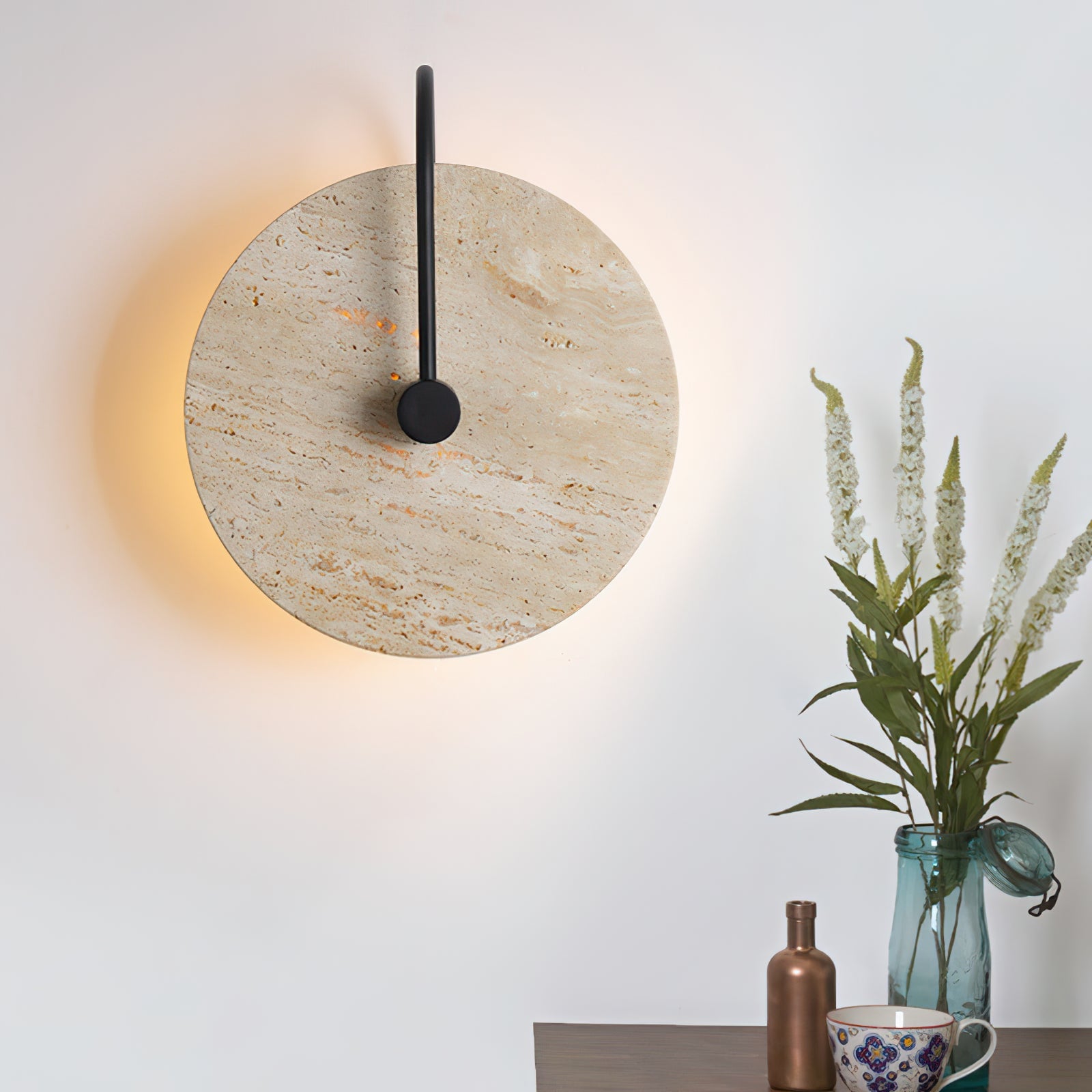 Minimalist Circular Travertine Wall Sconce - Cueteks