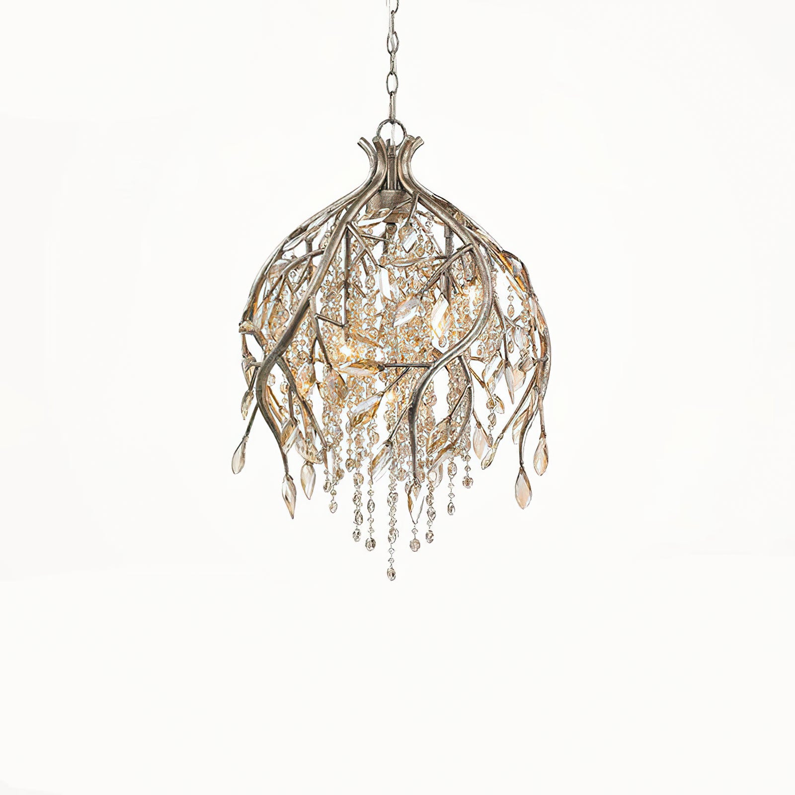 Isolated rounded branch-cage chandelier with warm metallic tones, hanging bead strands and chain