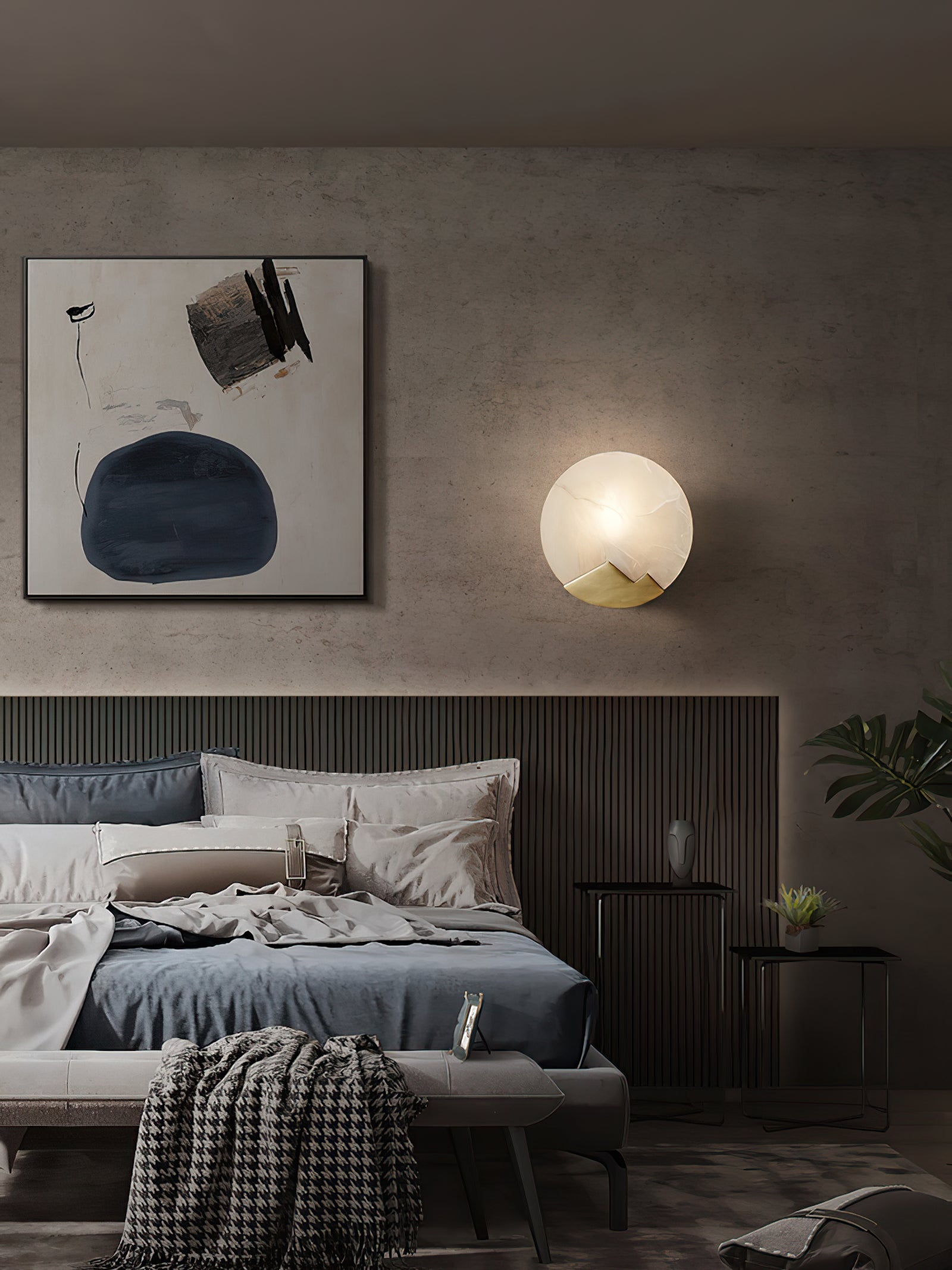 Brass and Alabaster Round Wall Light - Cueteks