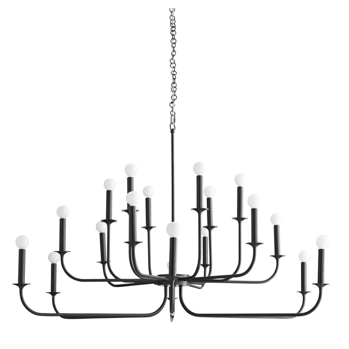 Black chandelier with broad layered arms, white round bulbs, central stem and hanging chain on white