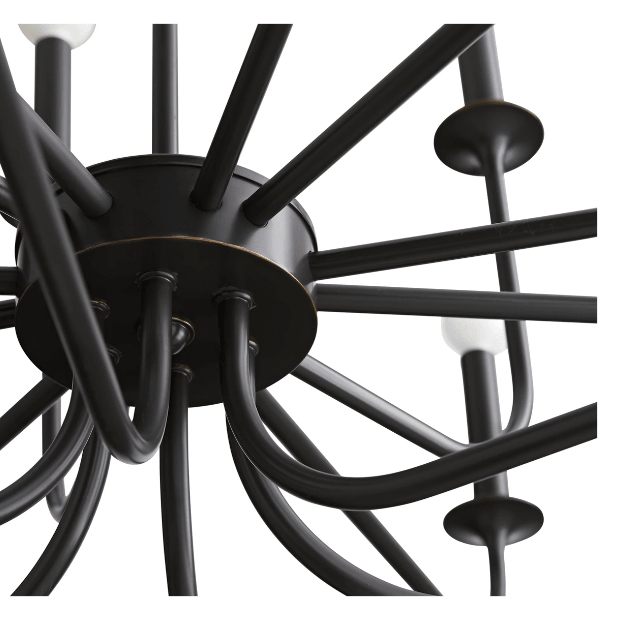 Underside detail of a black central hub and layered curved arms with saucer holders