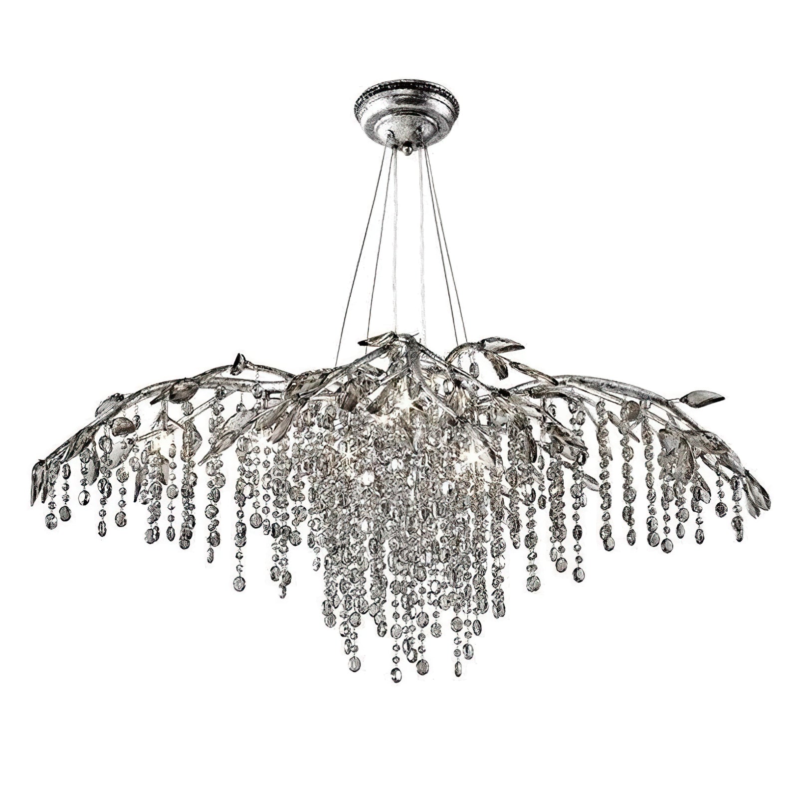 Broad silver-tone branch-crown chandelier with a central bead cascade, suspension wires and round canopy