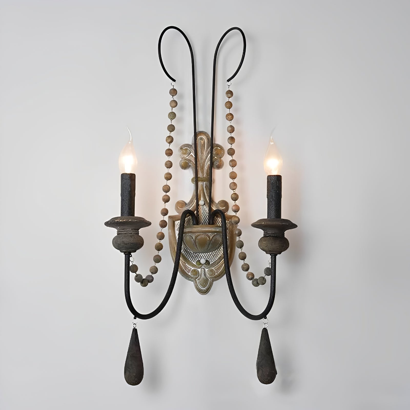 White Metal Wall Sconce with Wood Backplate and 2 Bulbs - Cueteks