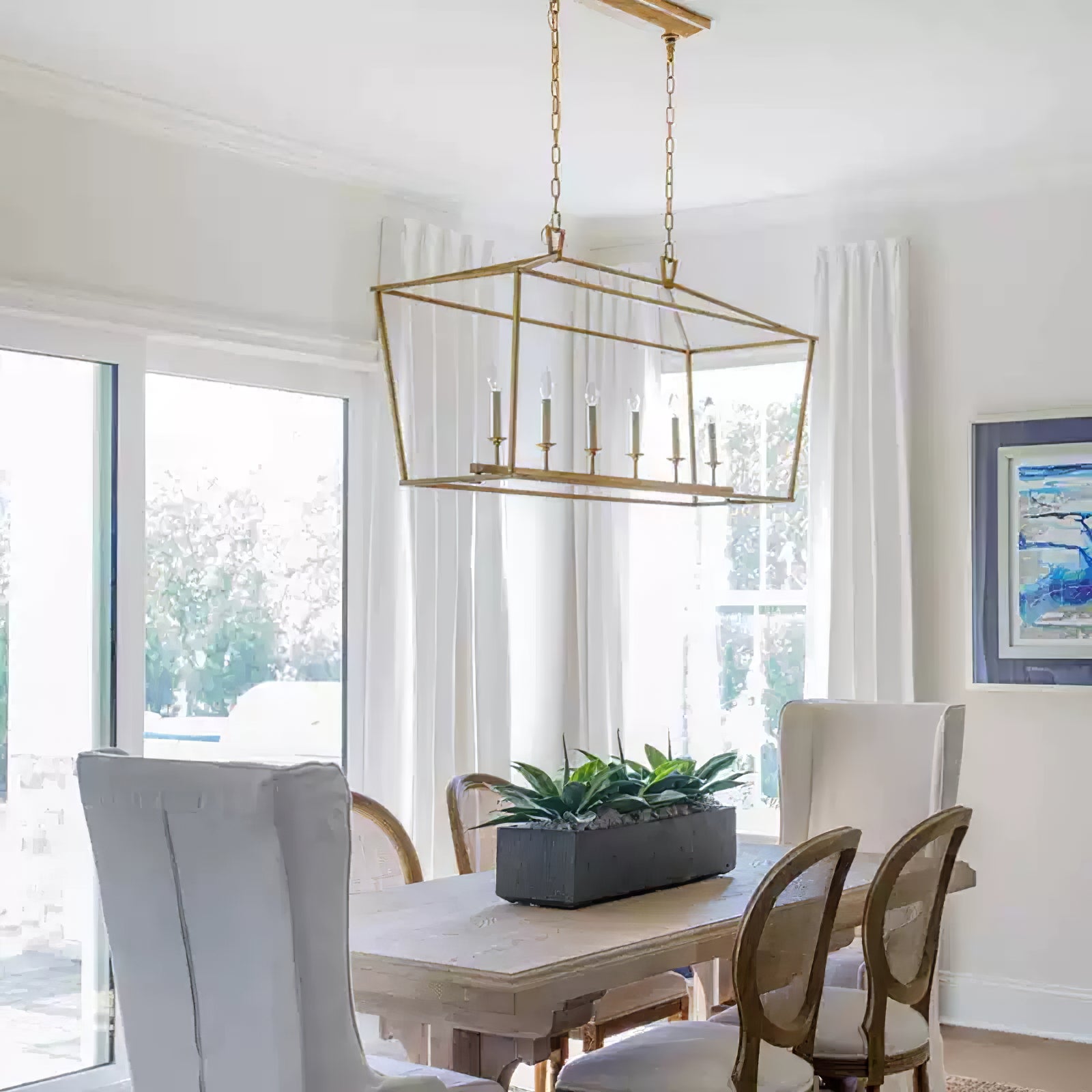 Gold Rectangular Lantern Linear Chandelier - Cueteks