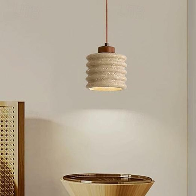 Rustic Travertine Cylinder Pendant with Wood Accent - Cueteks