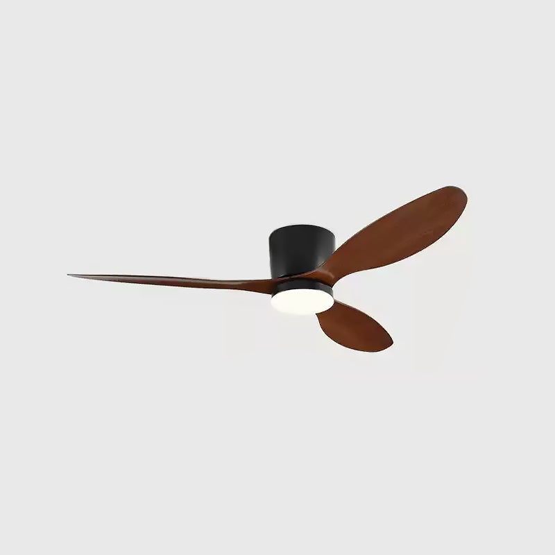 Three dark wood-toned fan blades with a black cylindrical housing and round light
