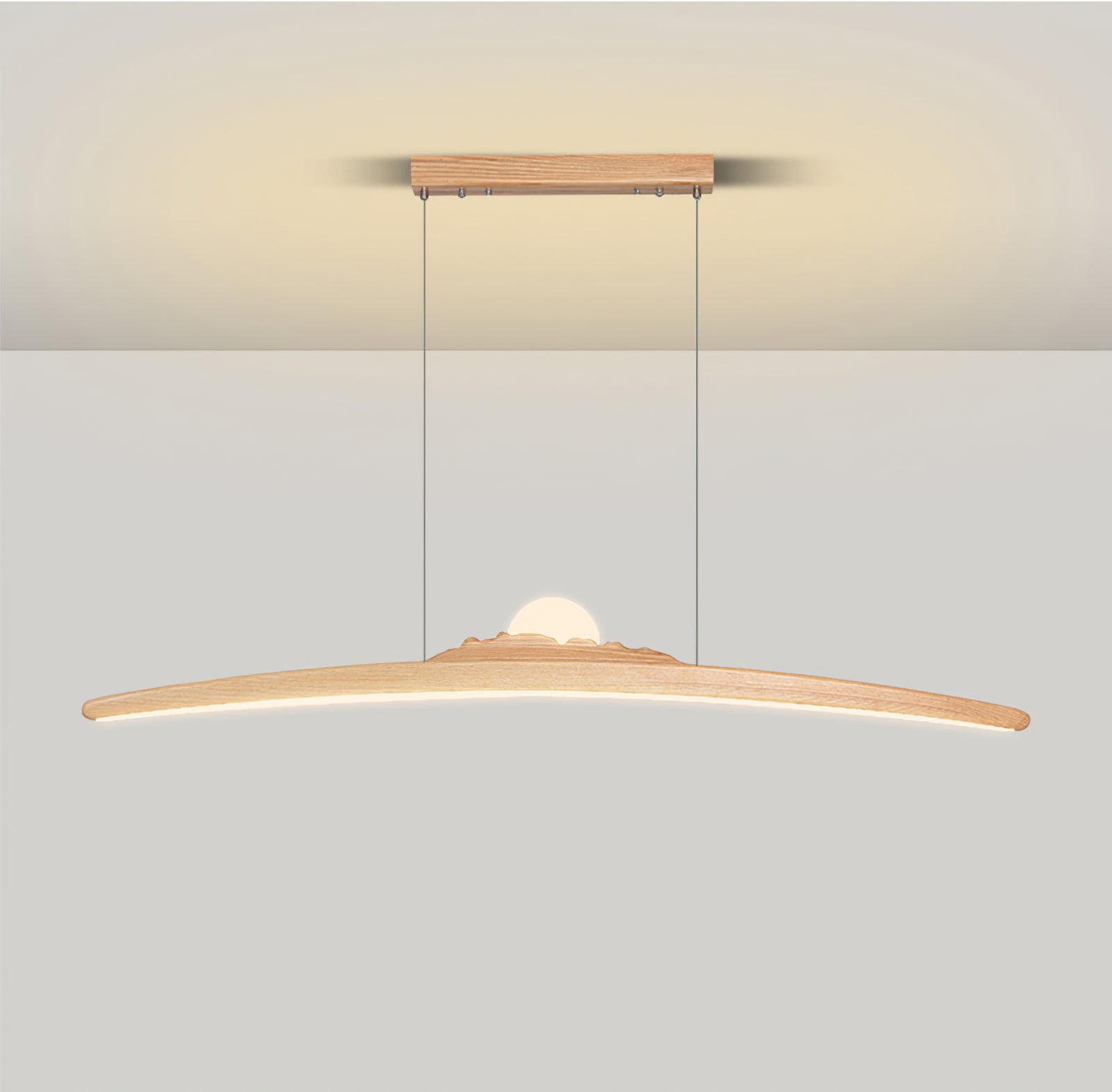 Isolated pale wood-tone curved pendant with a white globe-like centre, luminous underside and matching canopy
