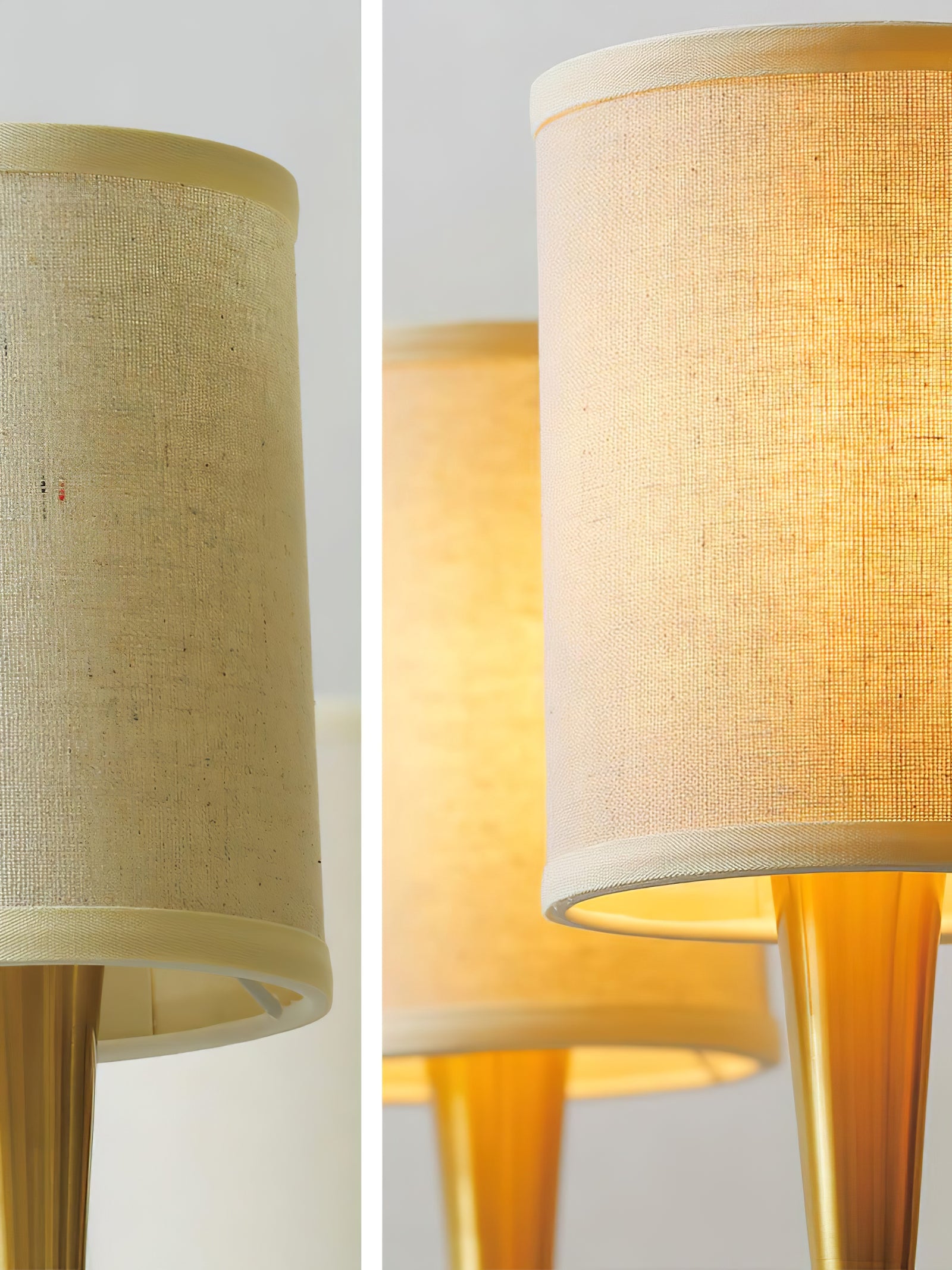 Two-panel close view of Quincy beige cylindrical fabric shade, unlit on left and illuminated on right