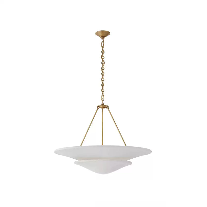 Mollino white bowl chandelier with Hand Polished Antique Brass suspension, chain and canopy on white