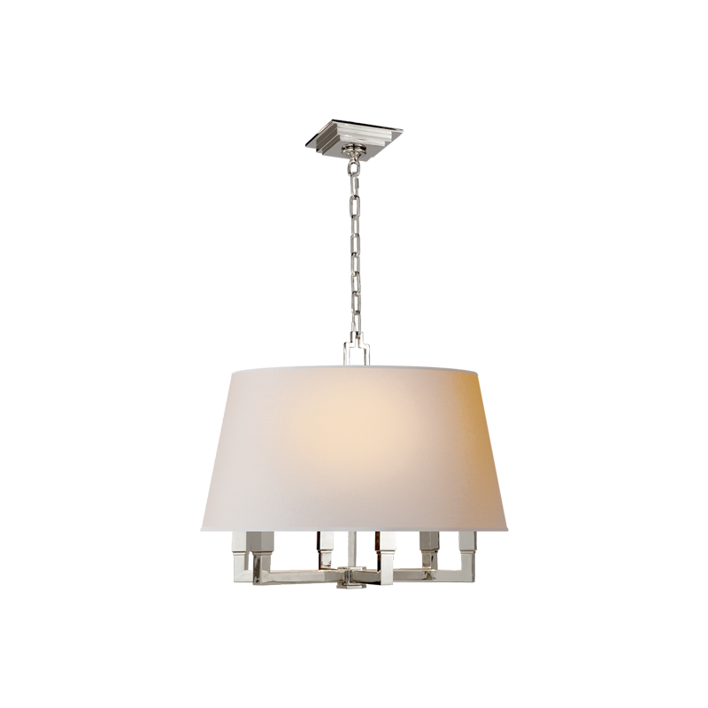 Square Tube chandelier in Polished Nickel with Natural Paper shade, angular arms, chain and stepped square canopy