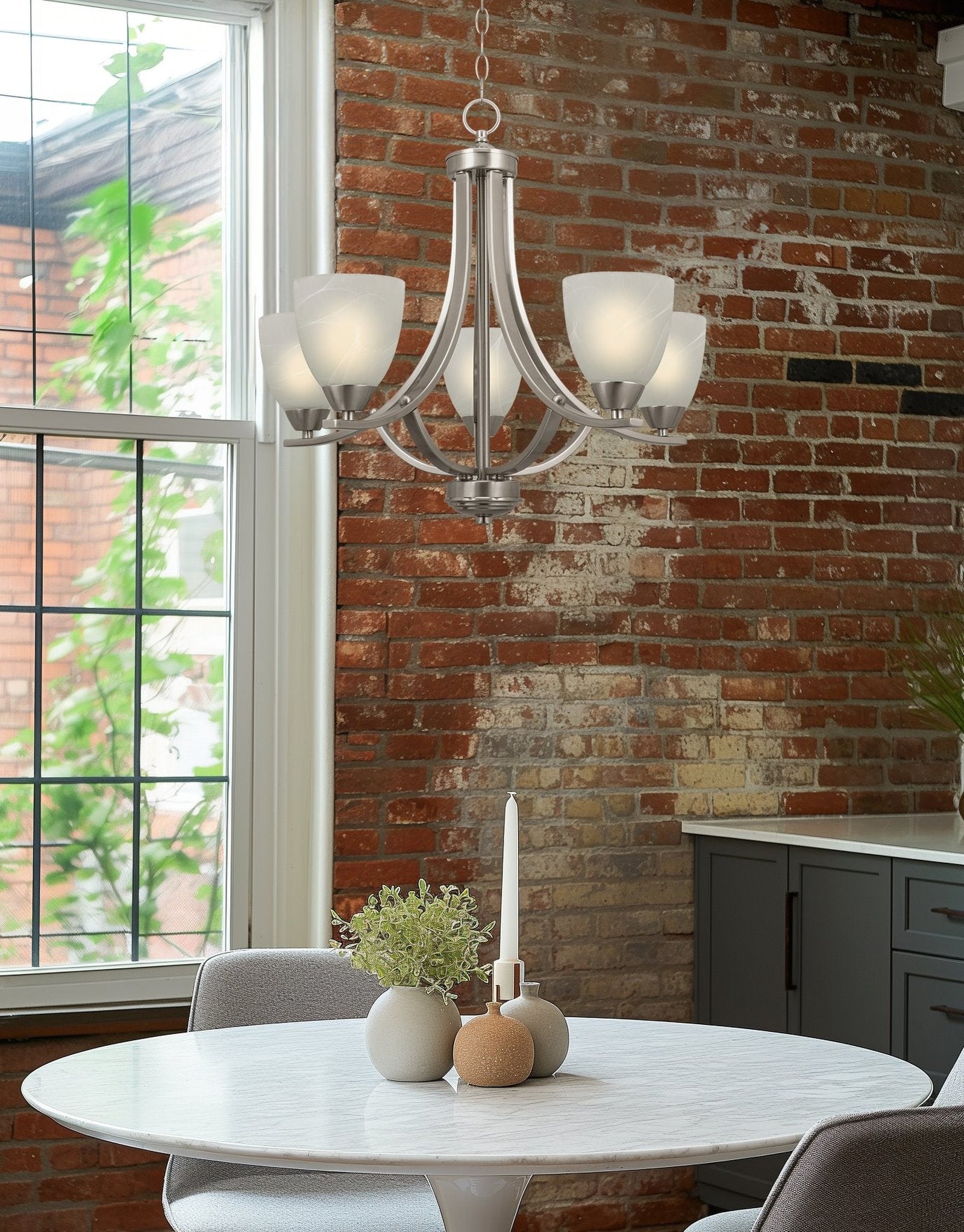 Transitional 5-Light Satin Nickel Chandelier - Cueteks