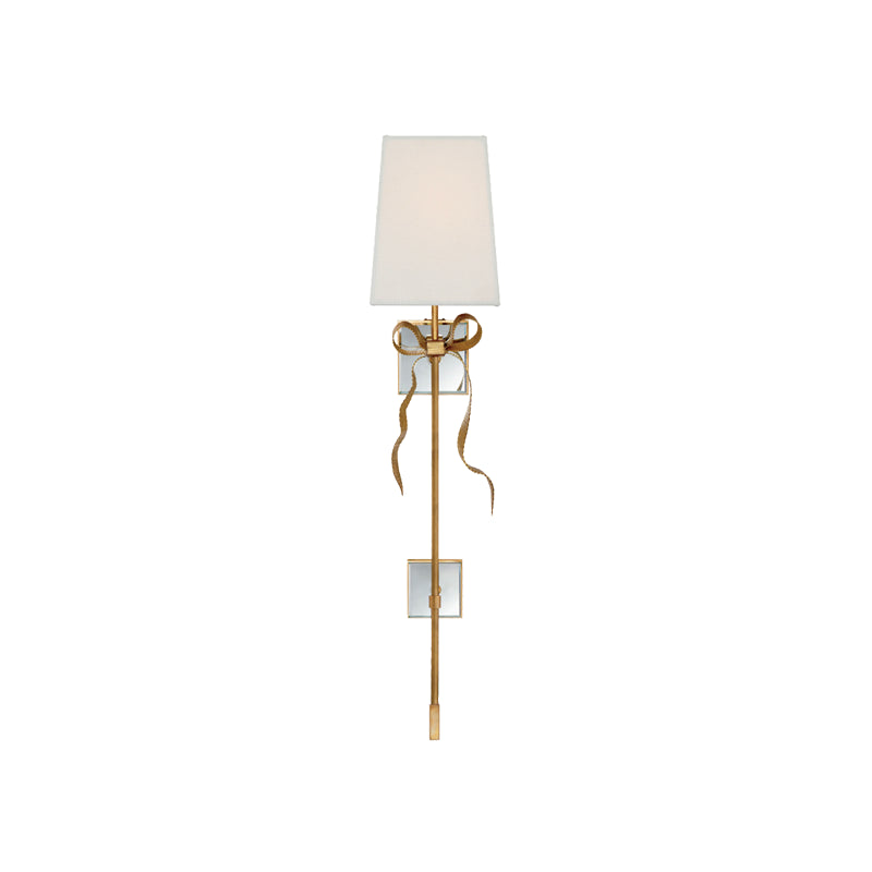 White-shade Ellery bow-tail sconce with long vertical stem and decorative blocks
