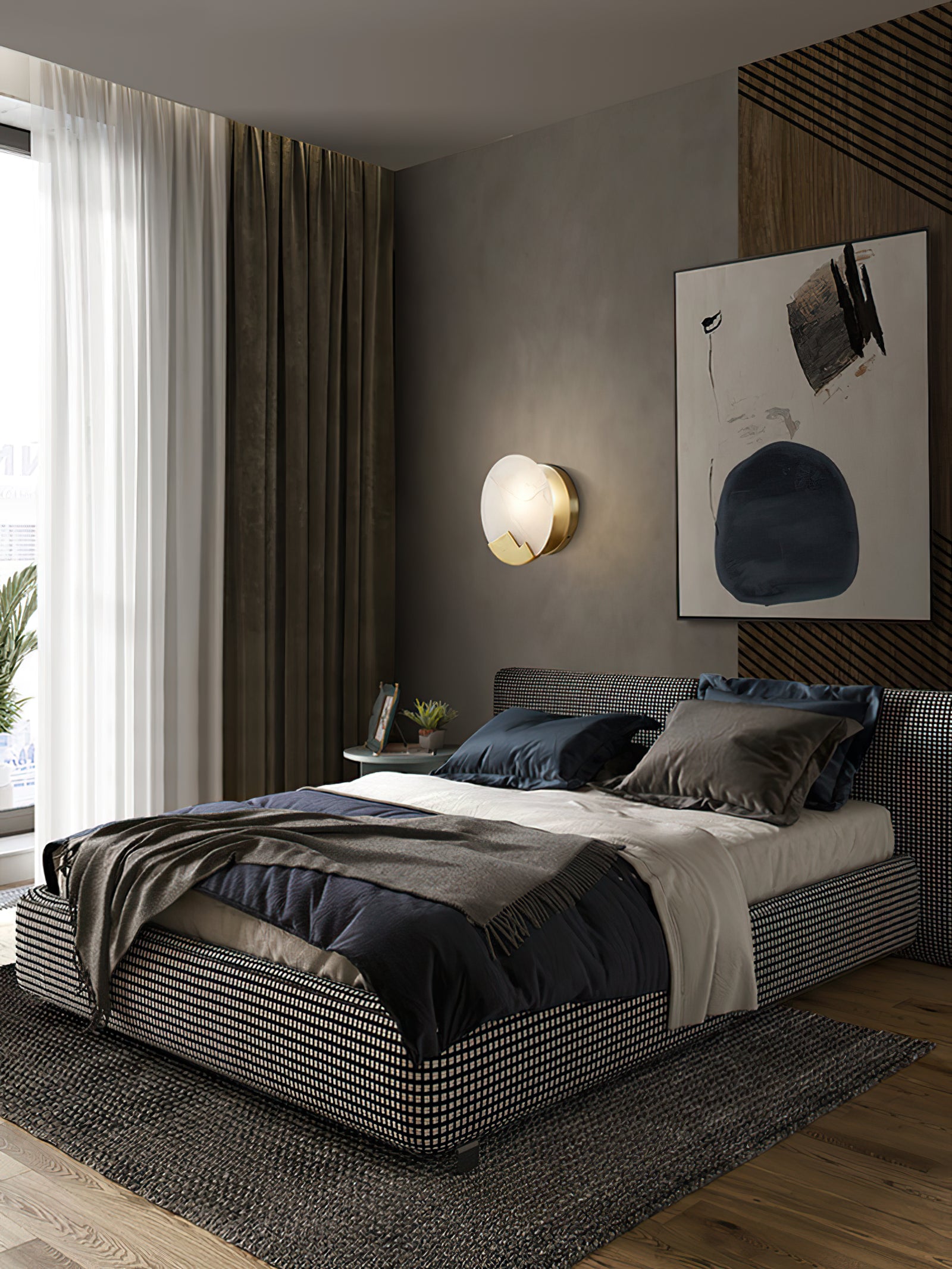 Brass and Alabaster Round Wall Light - Cueteks