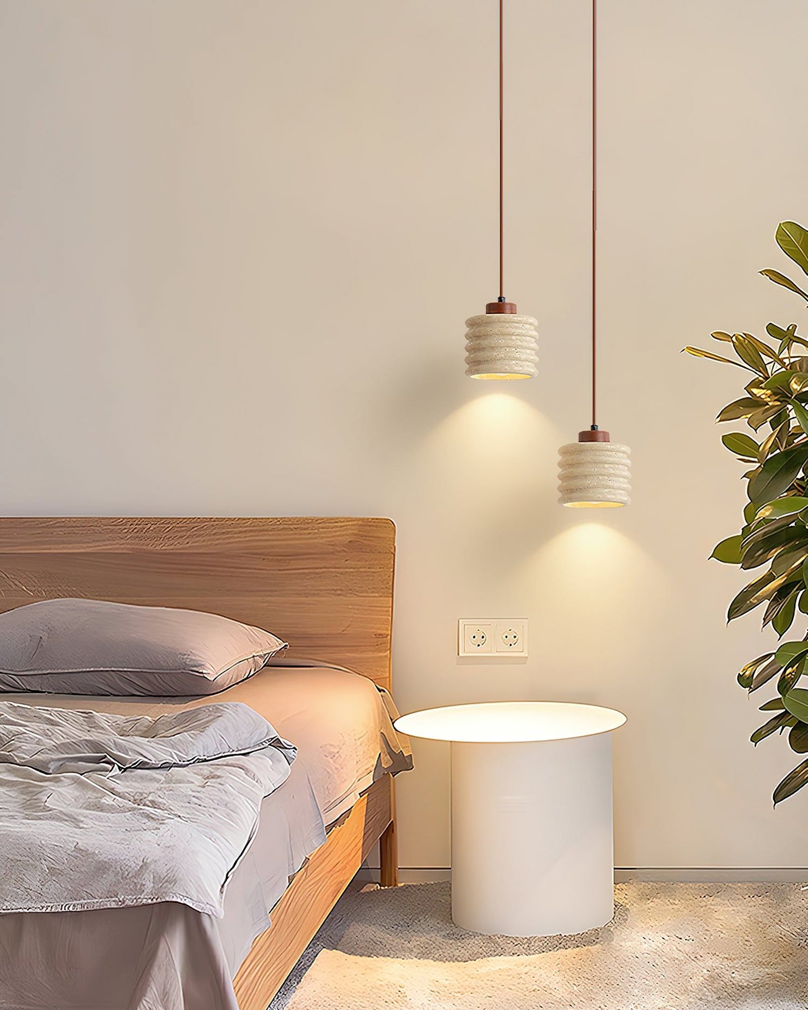 Rustic Travertine Cylinder Pendant with Wood Accent - Cueteks