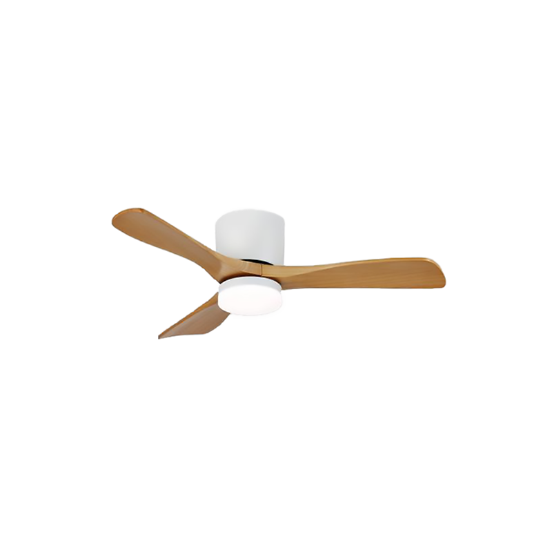 Three broad wood-toned blades with visible grain around a white fan housing