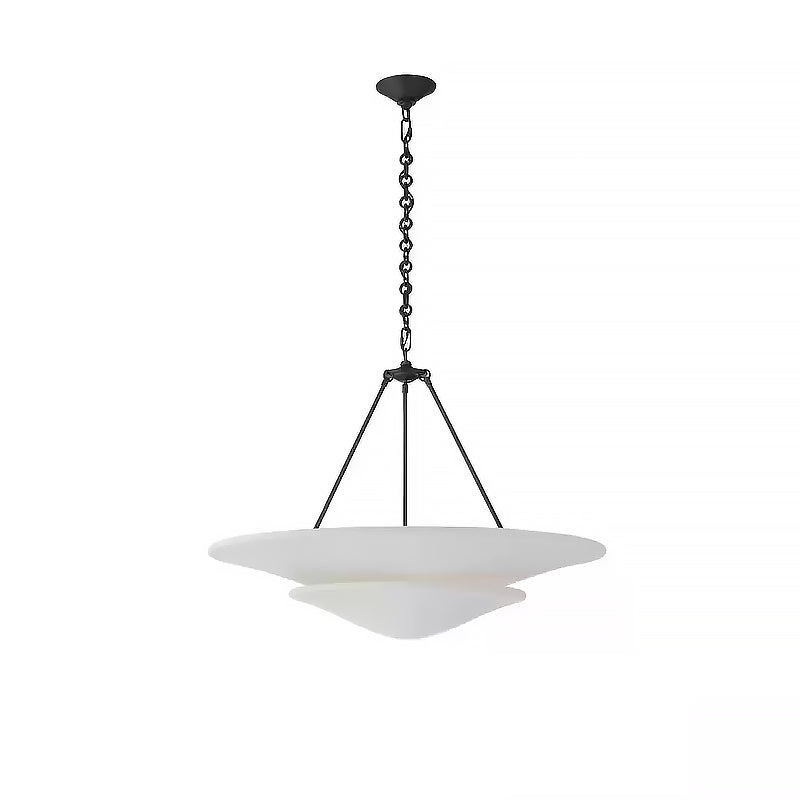 Mollino white two-tier bowl chandelier with Ancient Black supports, chain and canopy isolated on white
