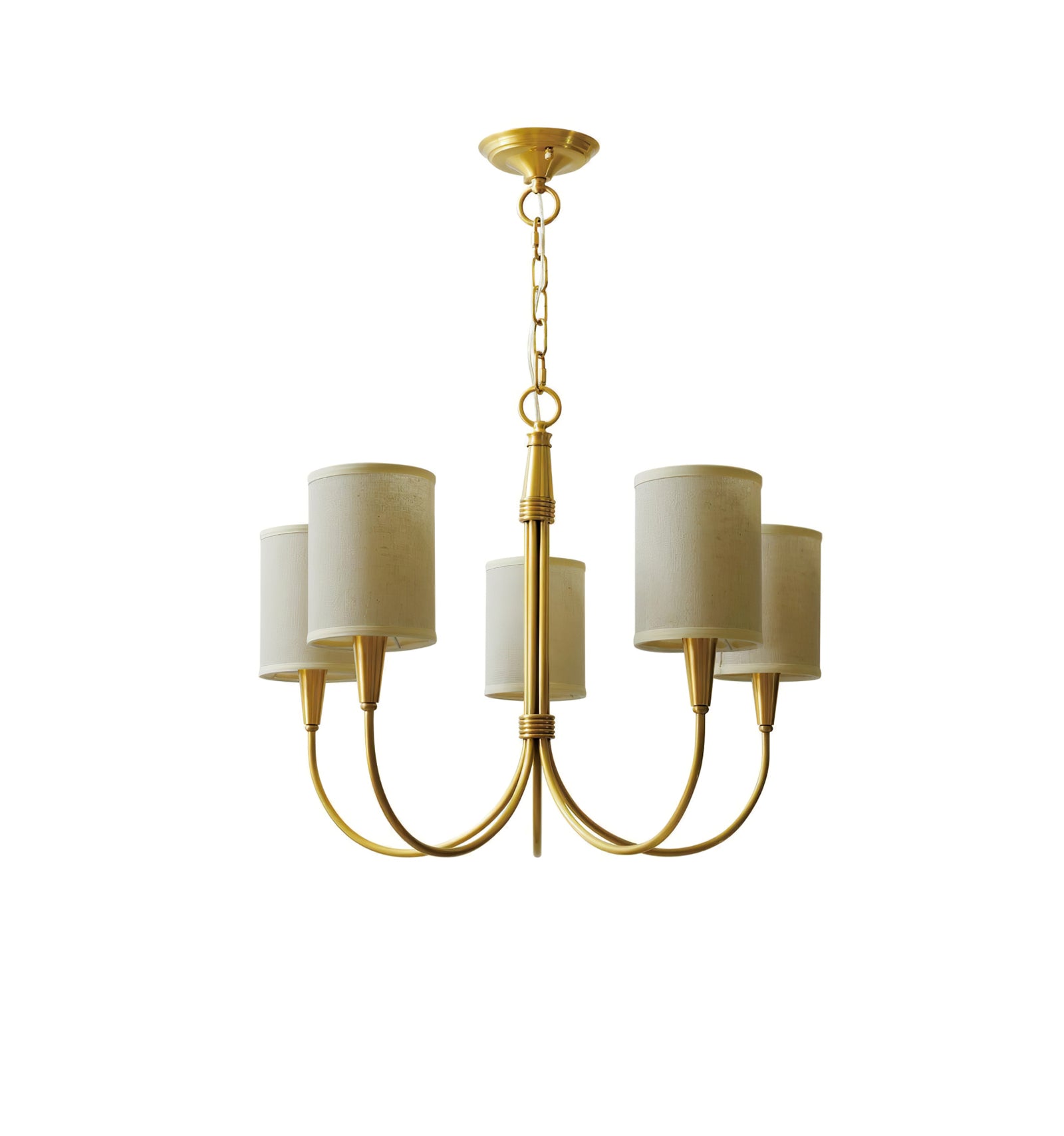 Five-light Quincy chandelier with light beige cylindrical shades, gold-tone curved arms, fluted stem and round canopy on white