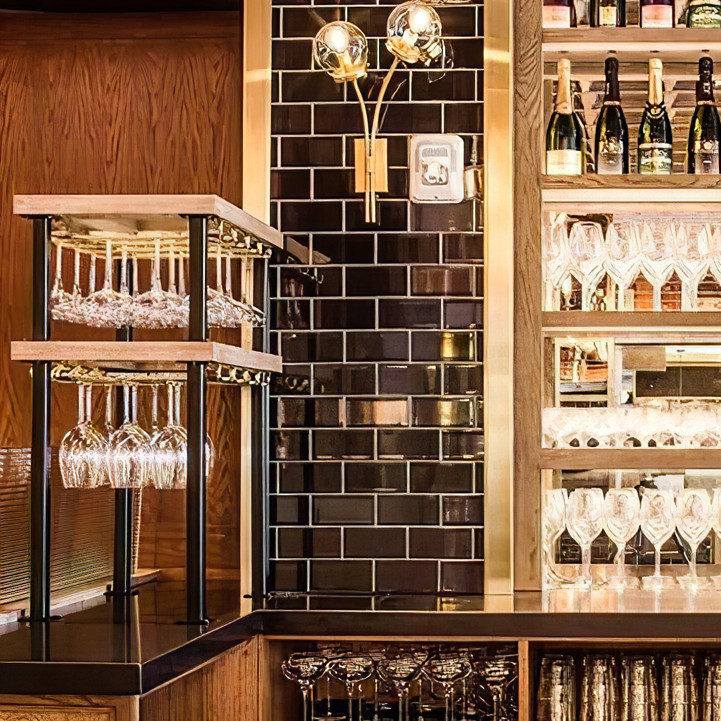 Brass clear-glass sconces beside a bar