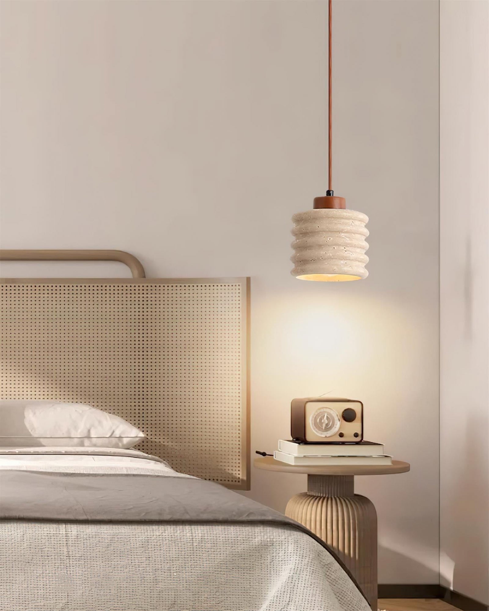 Rustic Travertine Cylinder Pendant with Wood Accent - Cueteks