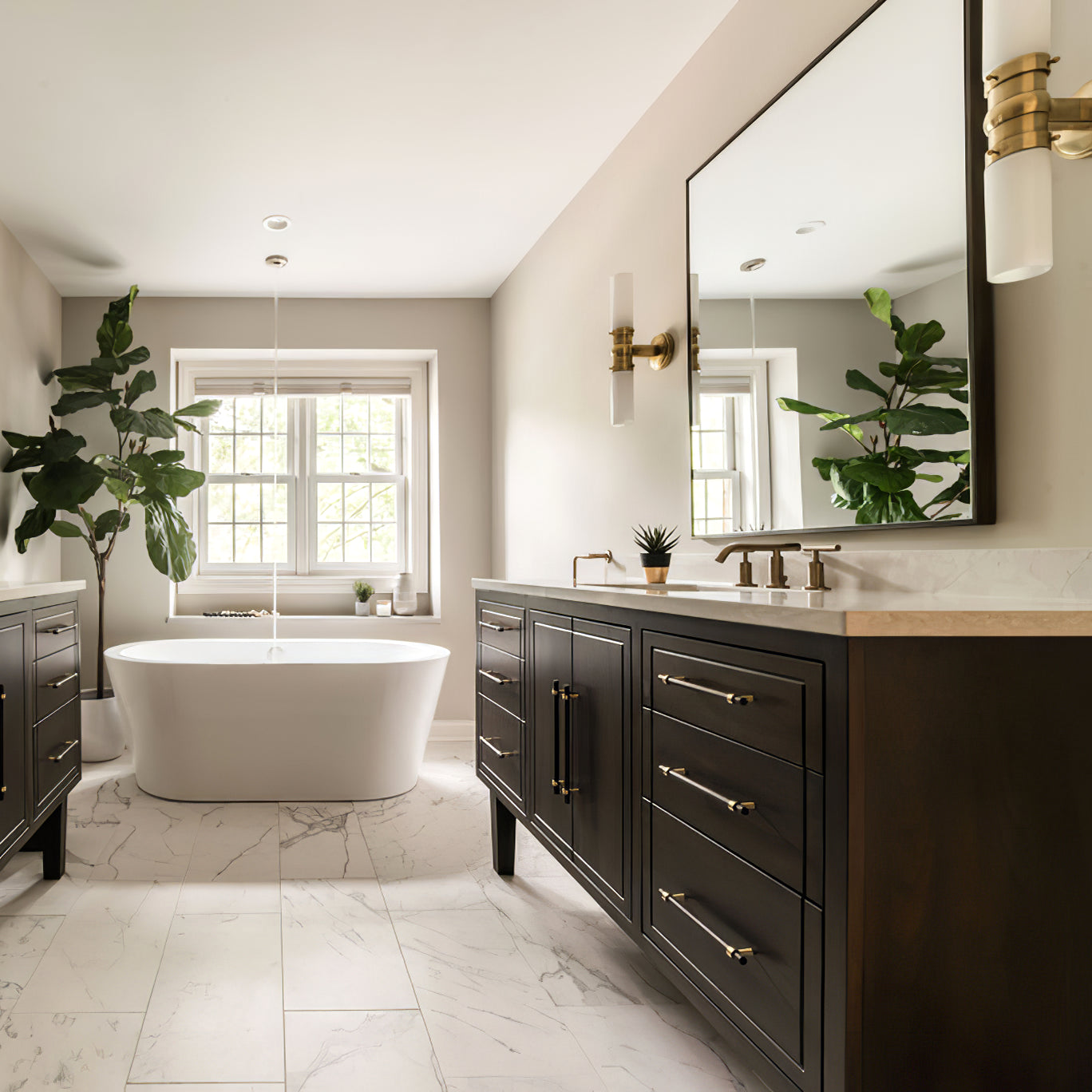 Brass-tone double wall lights by a black-framed mirror above a dark vanity near a freestanding bath and window