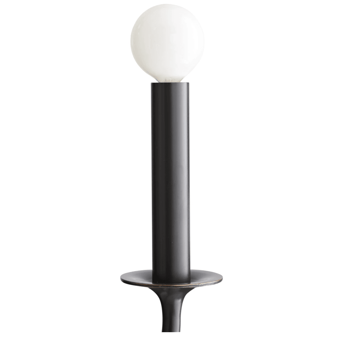 White round bulb above a black candle-style sleeve and saucer collar with a thin gold-looking edge