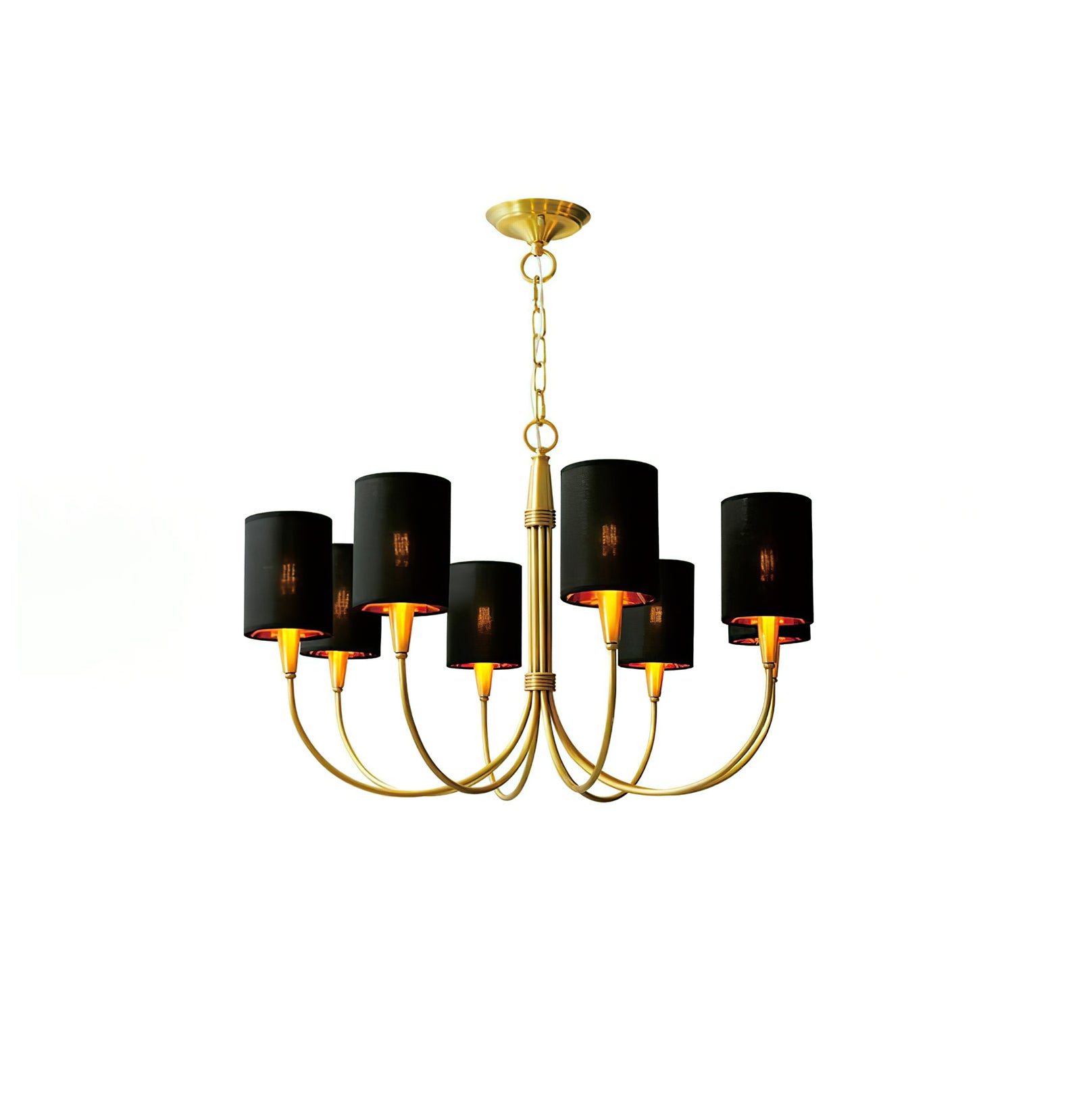 Eight-light Black Quincy chandelier with glowing cylindrical shades, gold-tone curved arms, chain and canopy on white