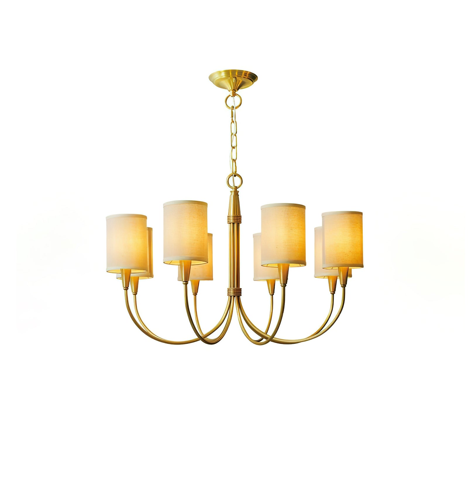 Eight-light beige Quincy chandelier with illuminated cylindrical shades, gold-tone curved arms, chain and canopy on white