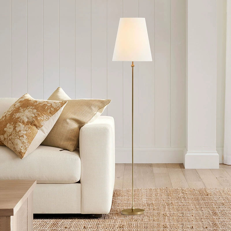Minimalist Brass Floor Lamp with Fabric Shade - Cueteks