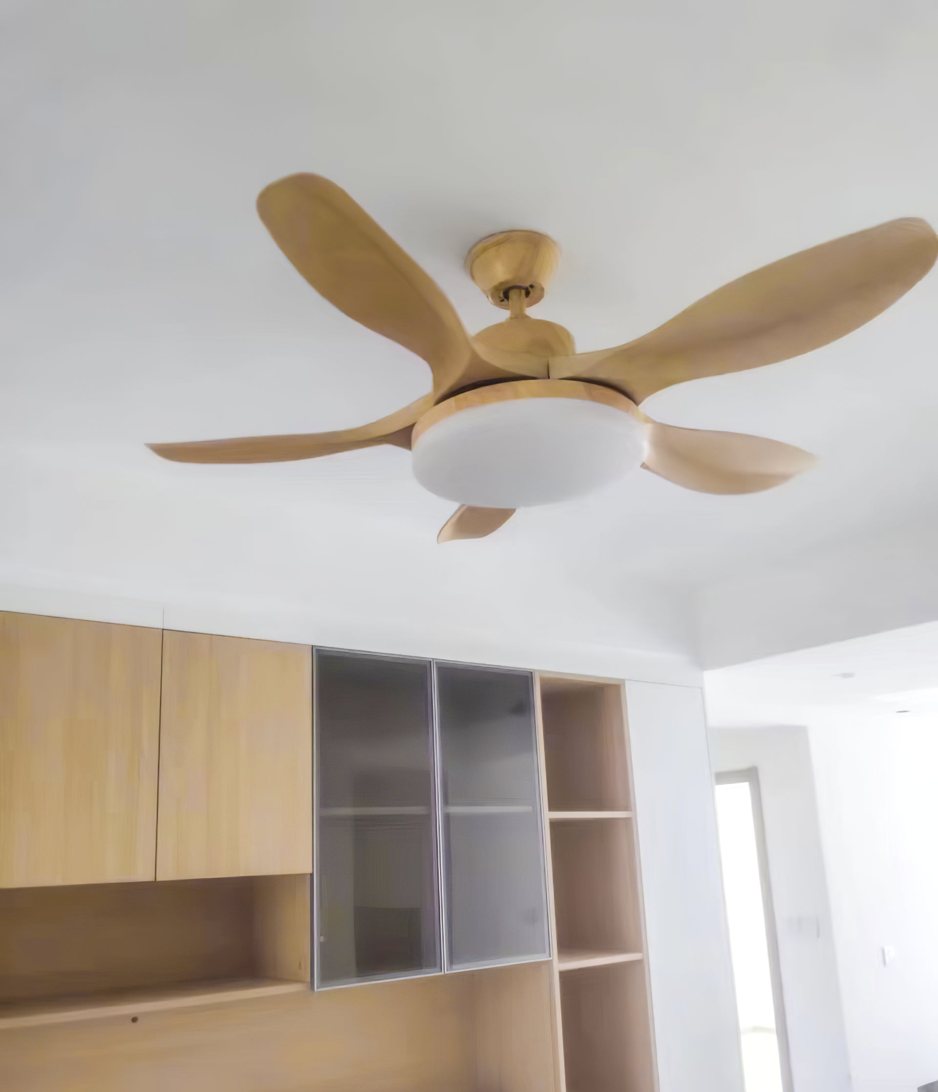 Wood-tone five-blade ceiling fan and pale round light viewed below beside tall wood cabinets and a bright doorway