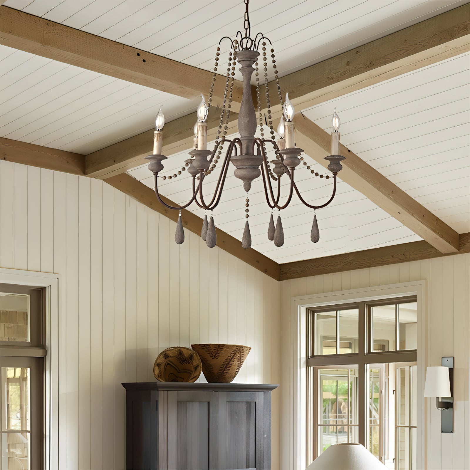 Rustic Beaded Candle Chandelier - Cueteks