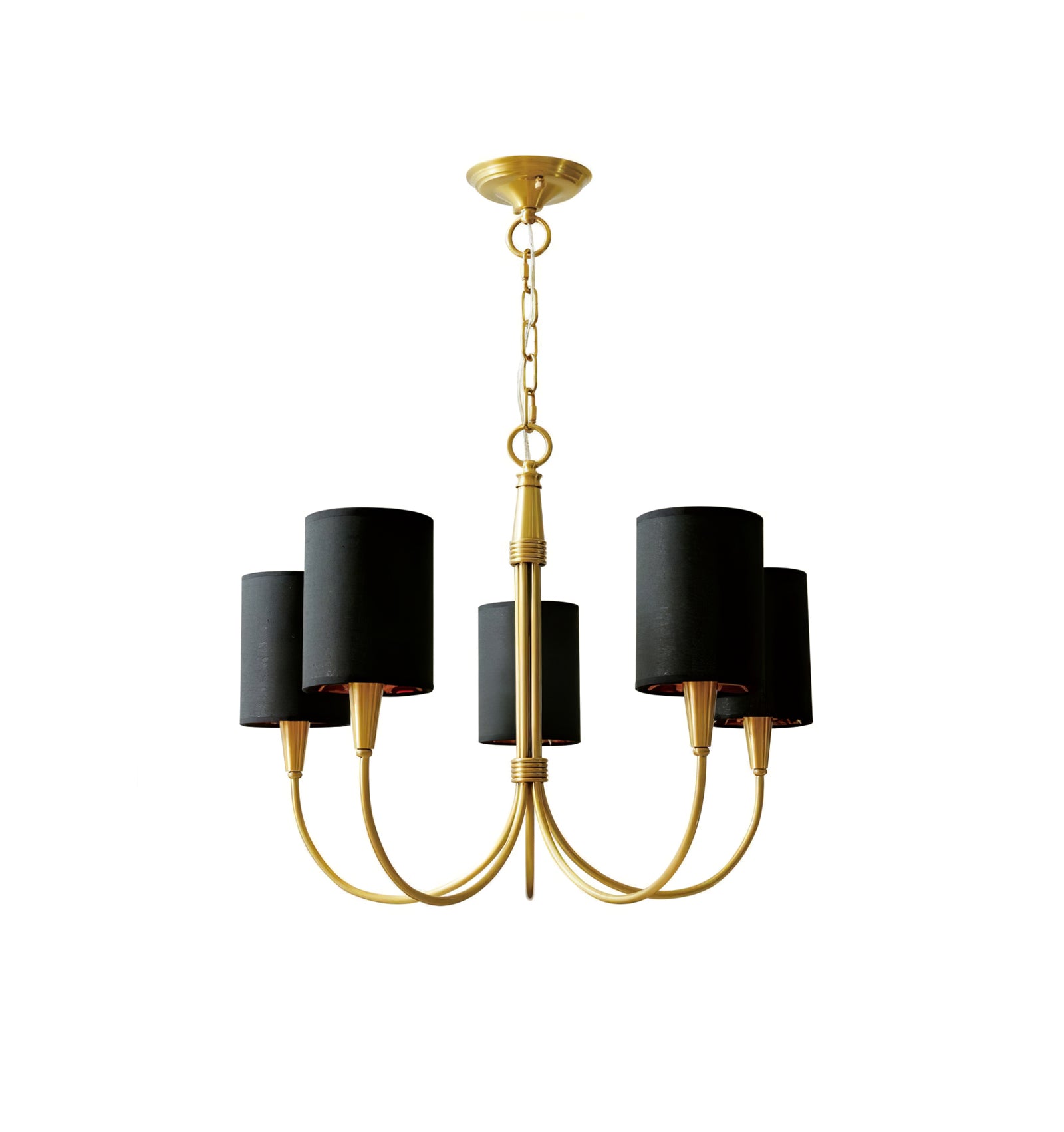 Five-light Quincy chandelier with black cylindrical shades, curved gold-tone arms, fluted stem and chain on white
