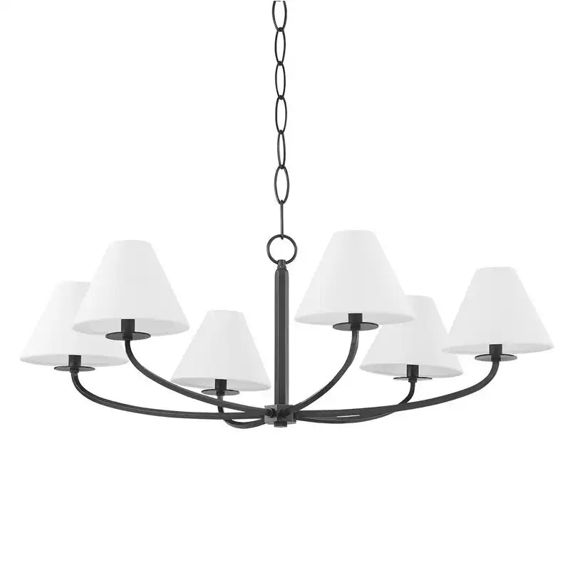 Black six-light Stacey chandelier with white fabric shades, radial curved arms and cropped chain isolated on white
