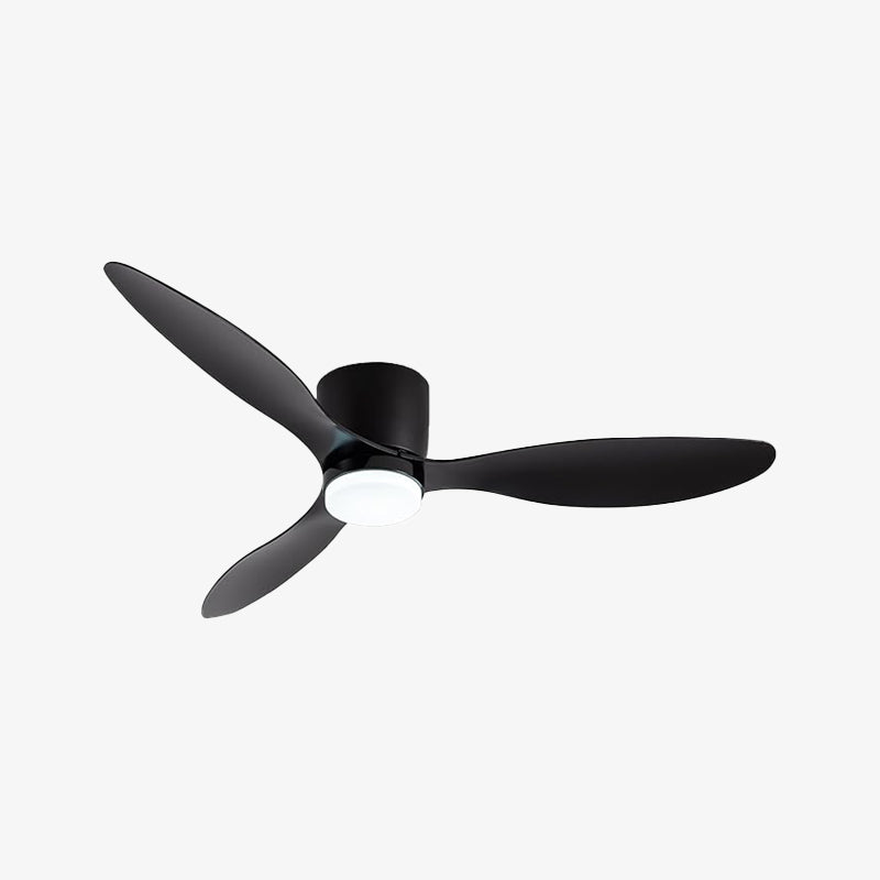 Black three-blade Fishtail ceiling fan with a white circular light diffuser