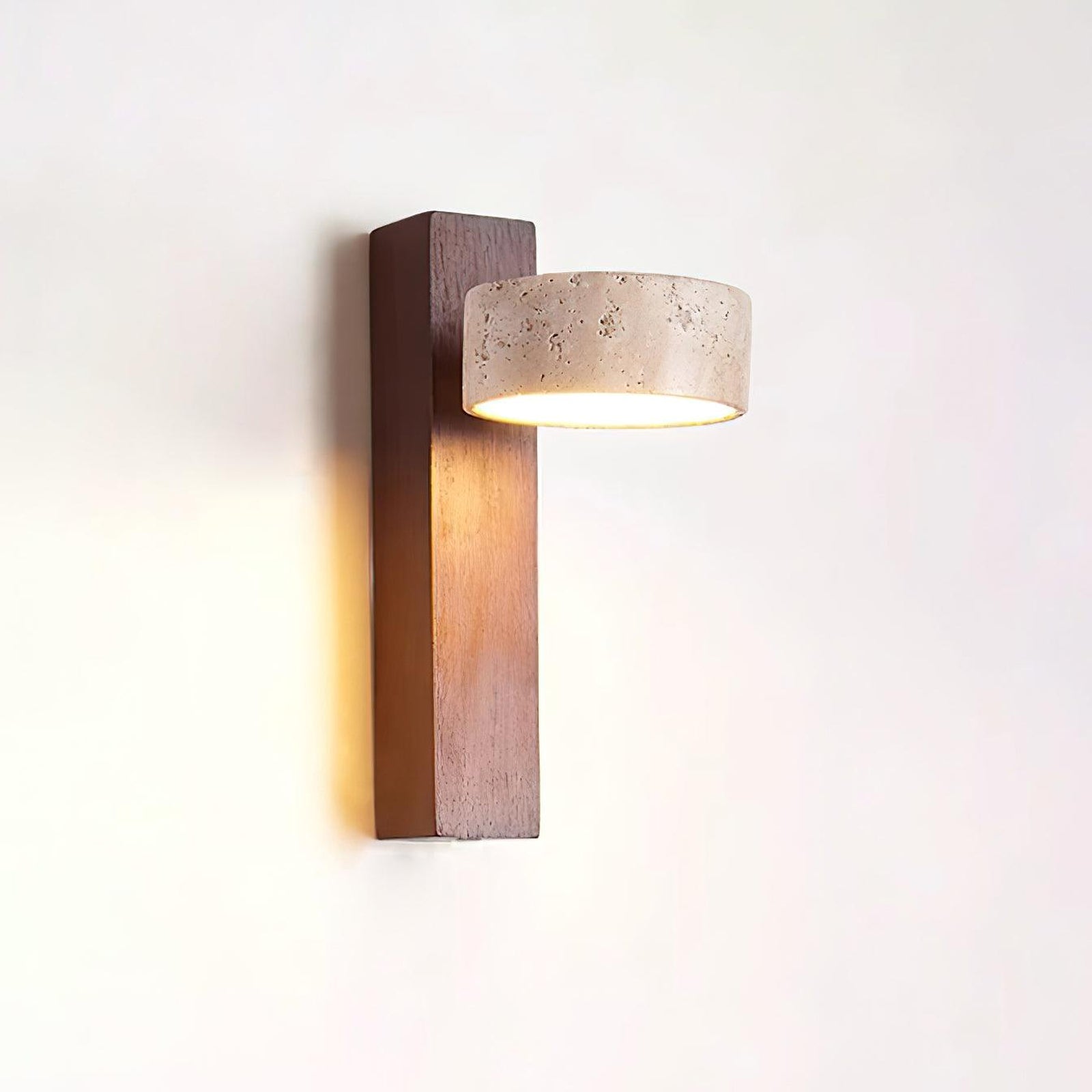 Dark wood-colour plate and horizontal travertine shade side view