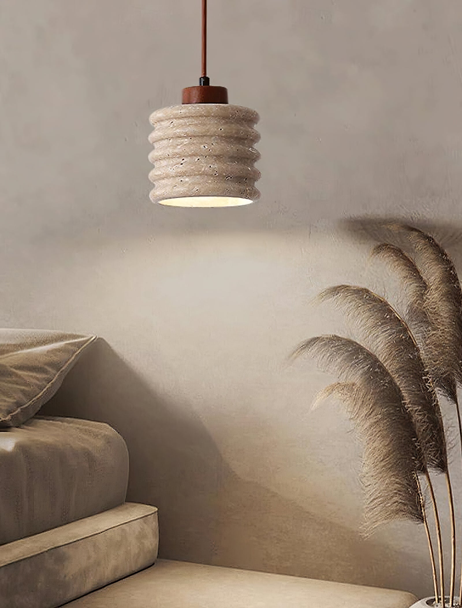 Rustic Travertine Cylinder Pendant with Wood Accent - Cueteks