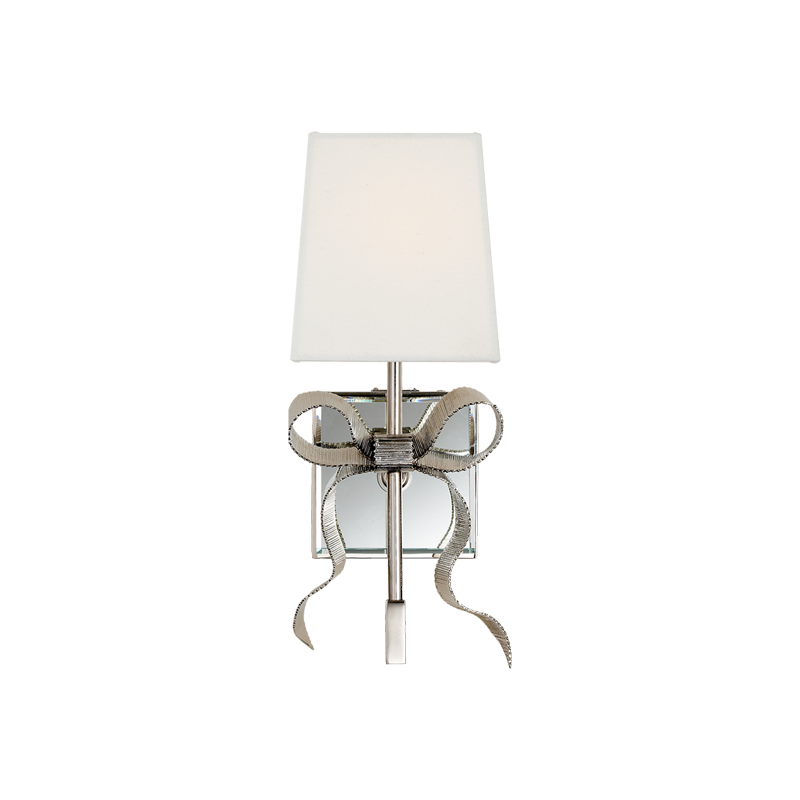 Front view of Polished Nickel bow wall light with pale shade, reflective rectangular backplate and silver-tone ribbon tails