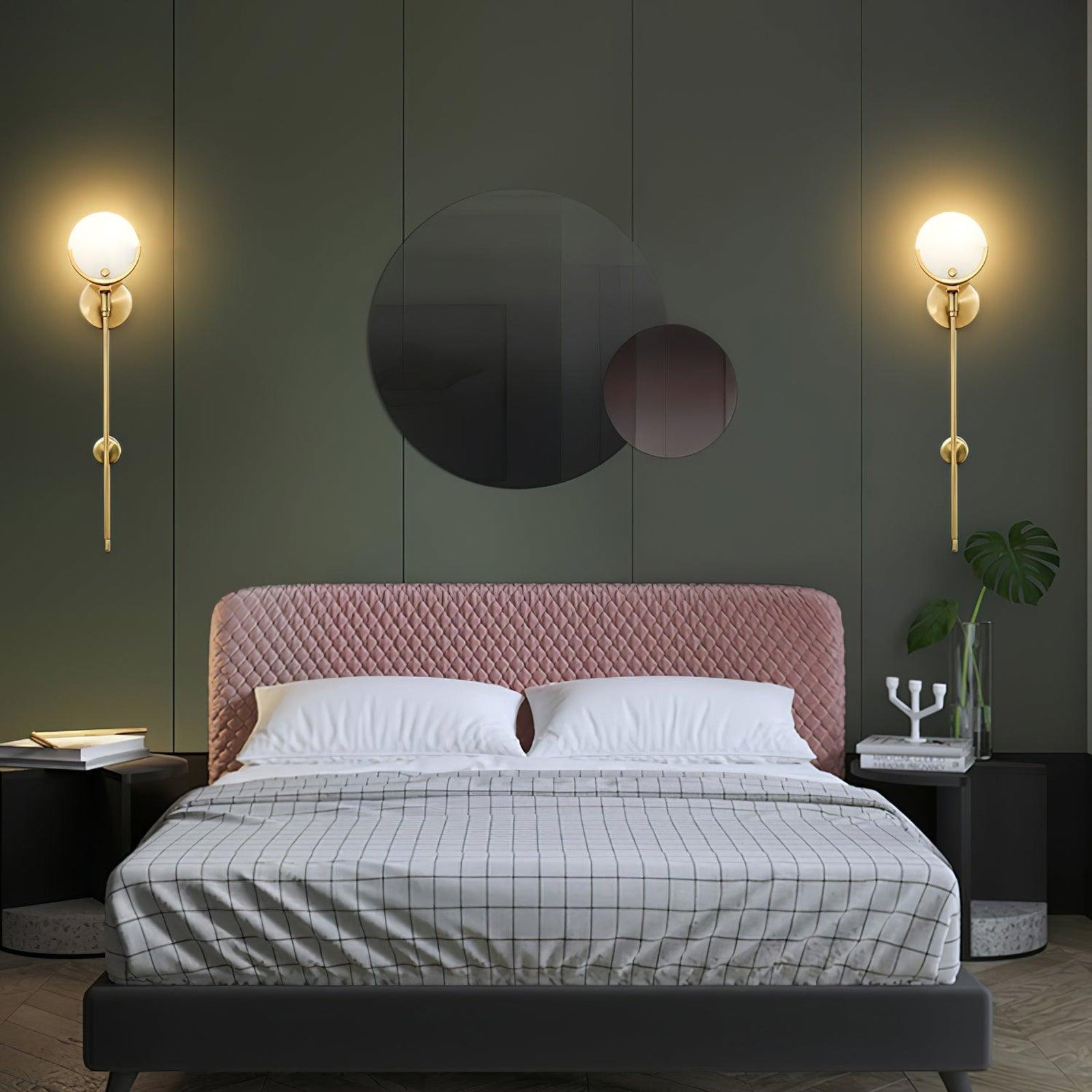 Universal Ava pair of long-stem lights in a bedside arrangement