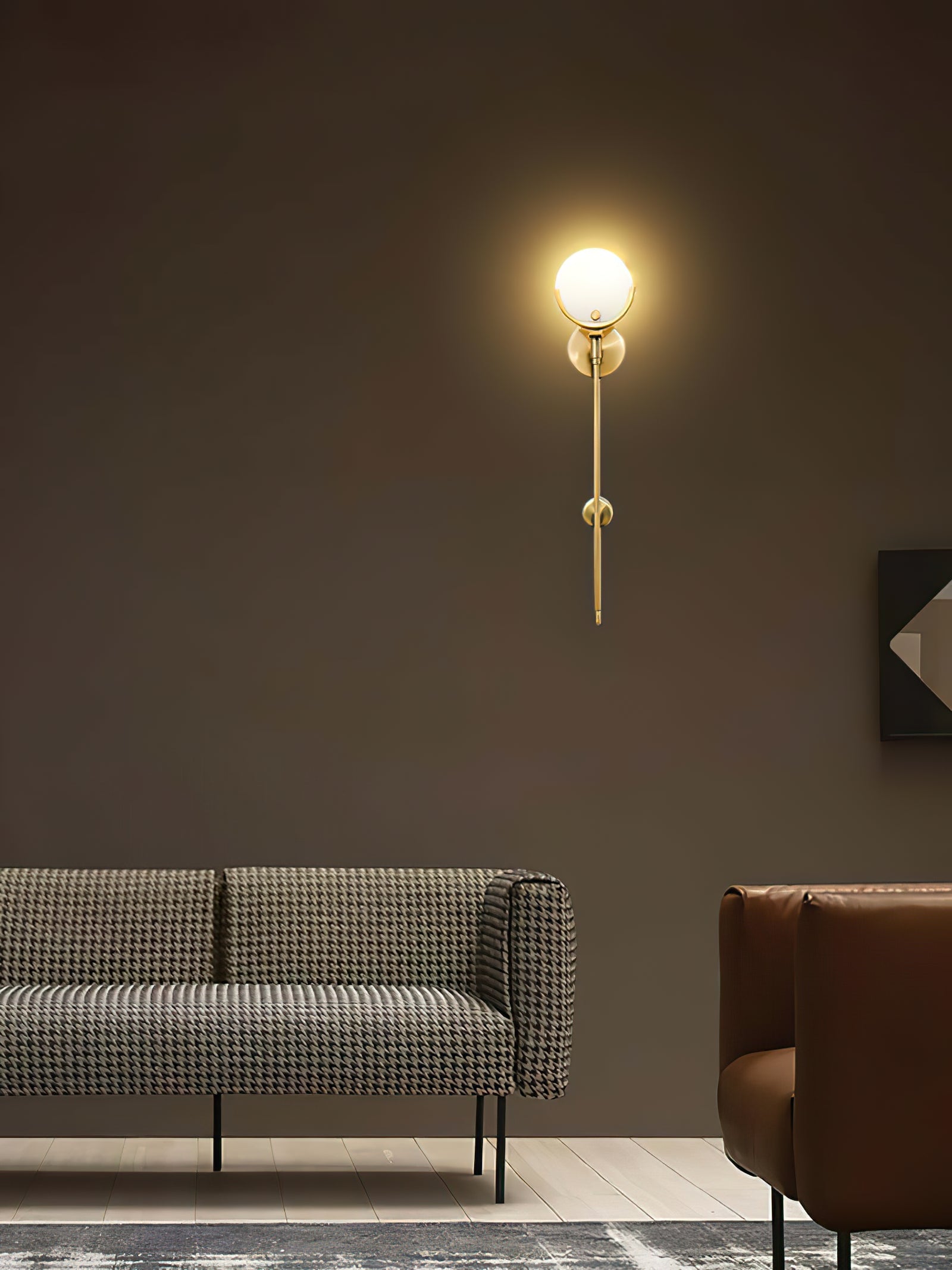 Universal Ava illuminated long-stem fixture above a seating area