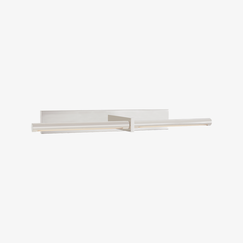 Silver-colour cylindrical picture light with central bracket, rectangular backplate and pale underside diffuser