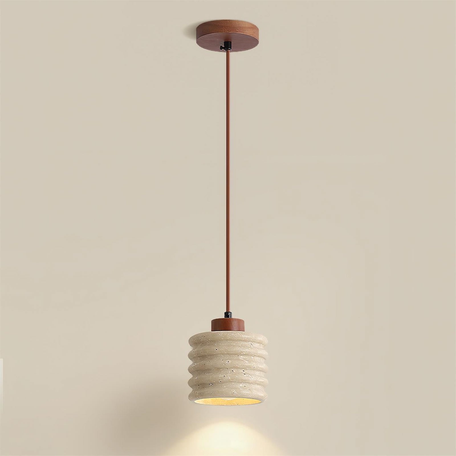 Rustic Travertine Cylinder Pendant with Wood Accent - Cueteks