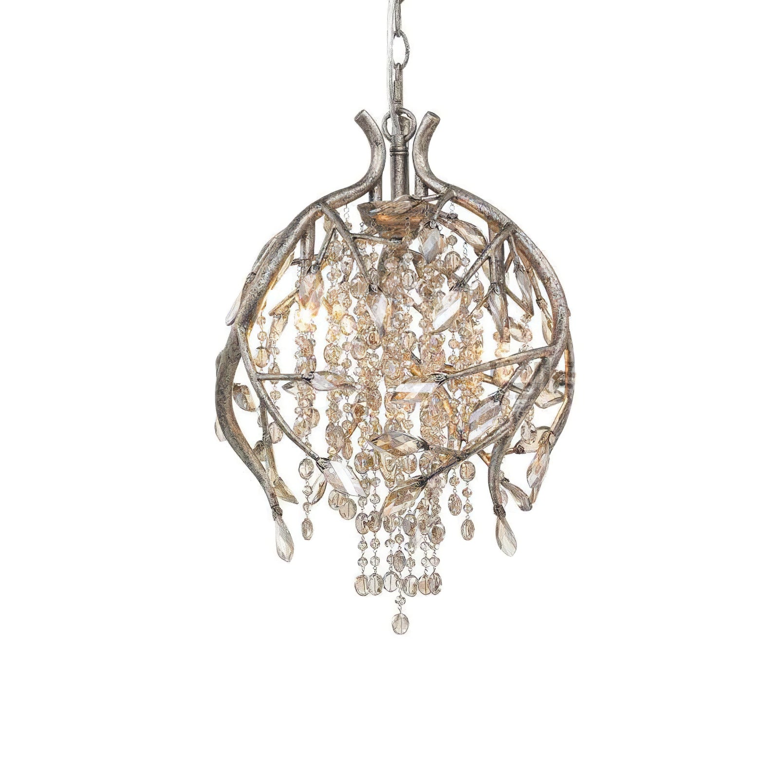 Compact rounded branch-cage chandelier with warm patinated metal, faceted leaf ornaments, beads and a short chain