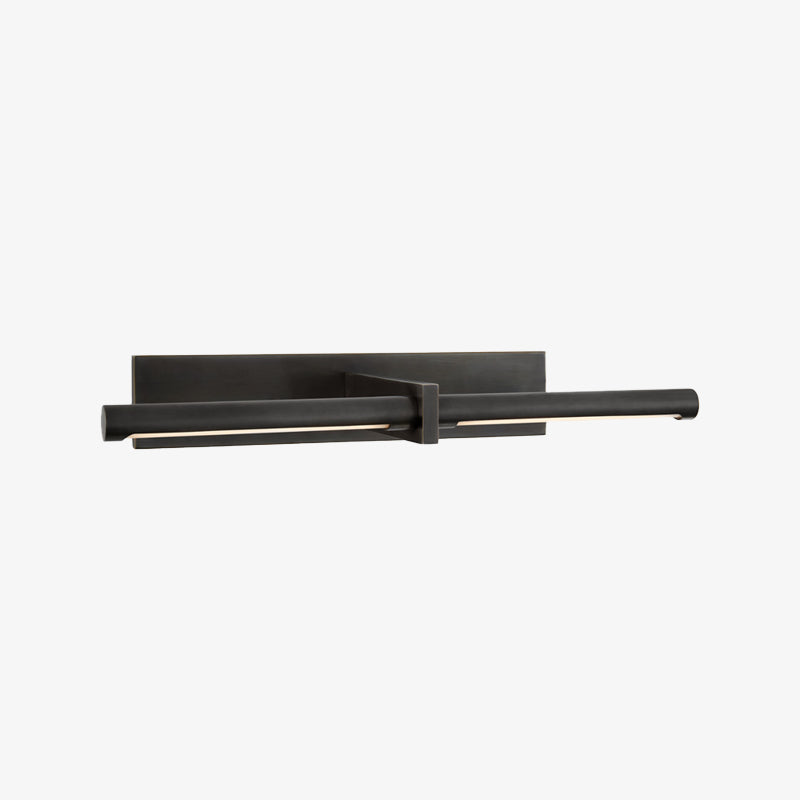 Black cylindrical picture light with central projecting bracket and rectangular backplate on a plain background