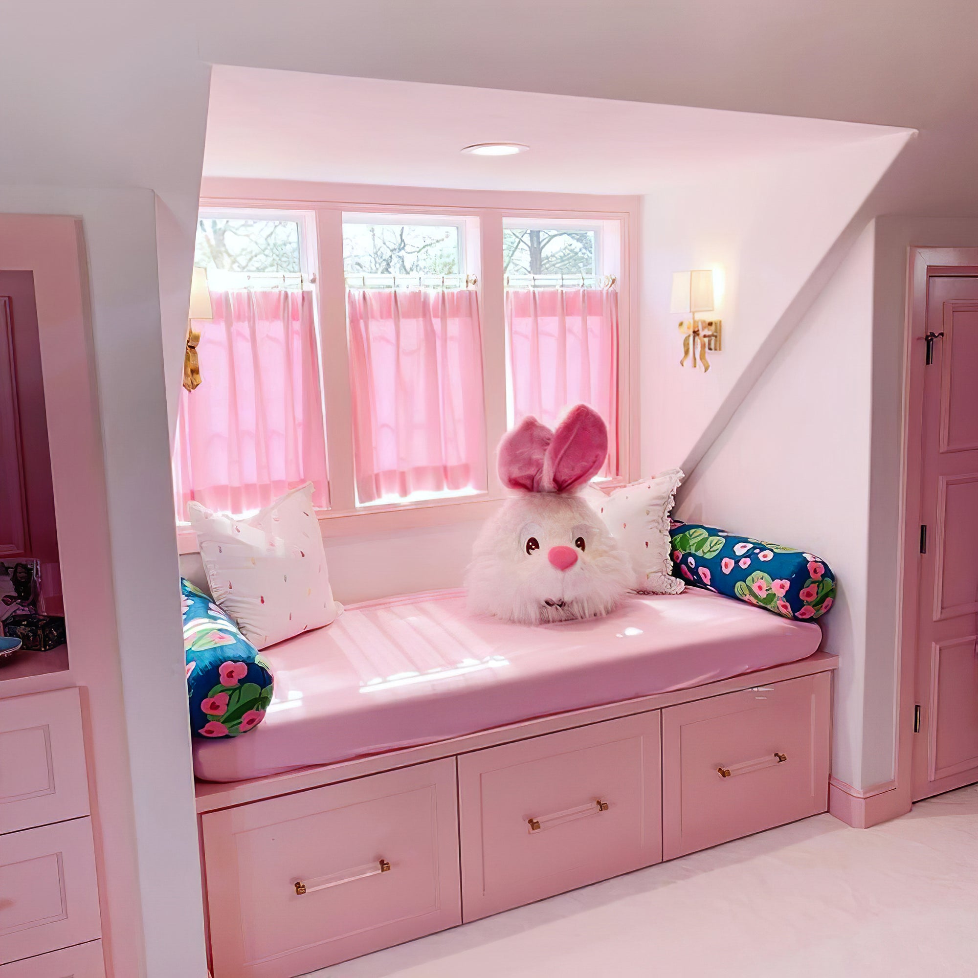 Brass-tone bow lights with pale shades beside a pink-curtained window above an upholstered window seat