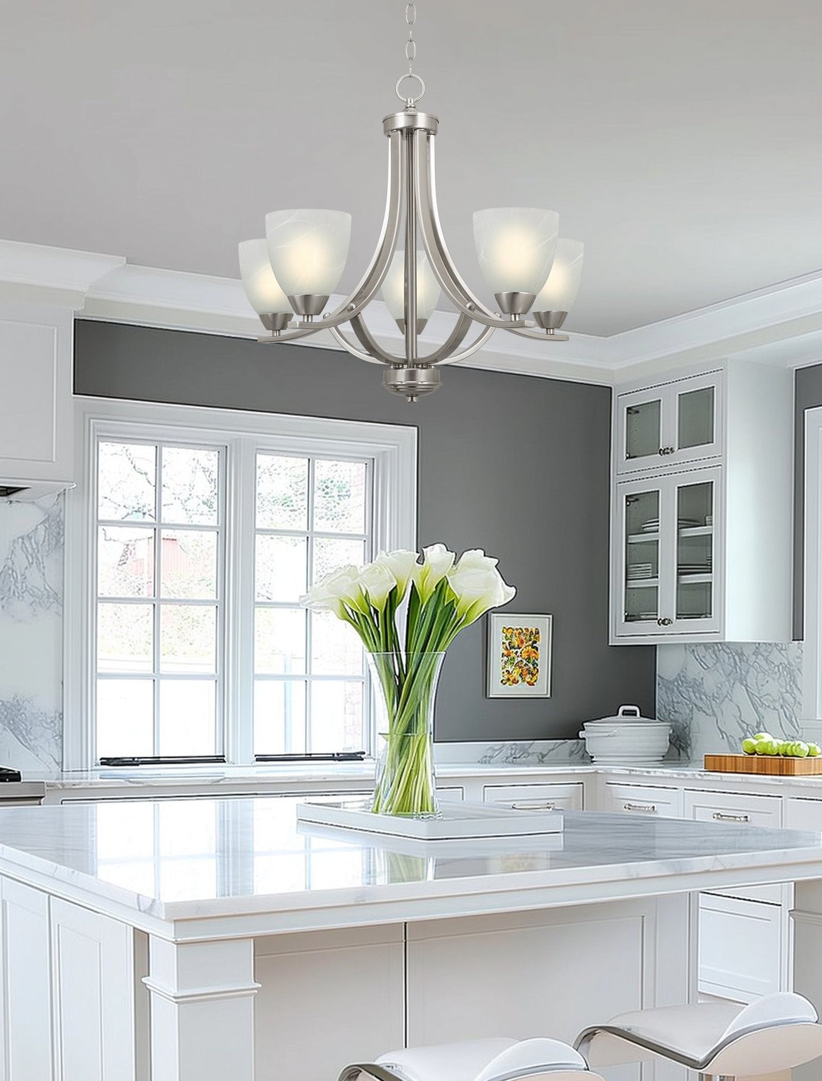 Transitional 5-Light Satin Nickel Chandelier - Cueteks