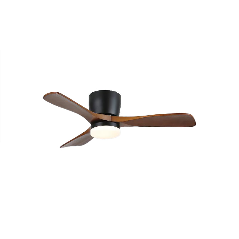 Three dark grain-patterned blades around a black fan housing and white light diffuser