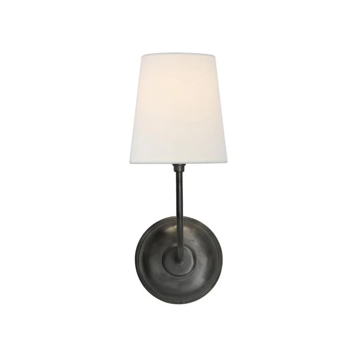 Vendome single A black wall light with round backplate and white shade.