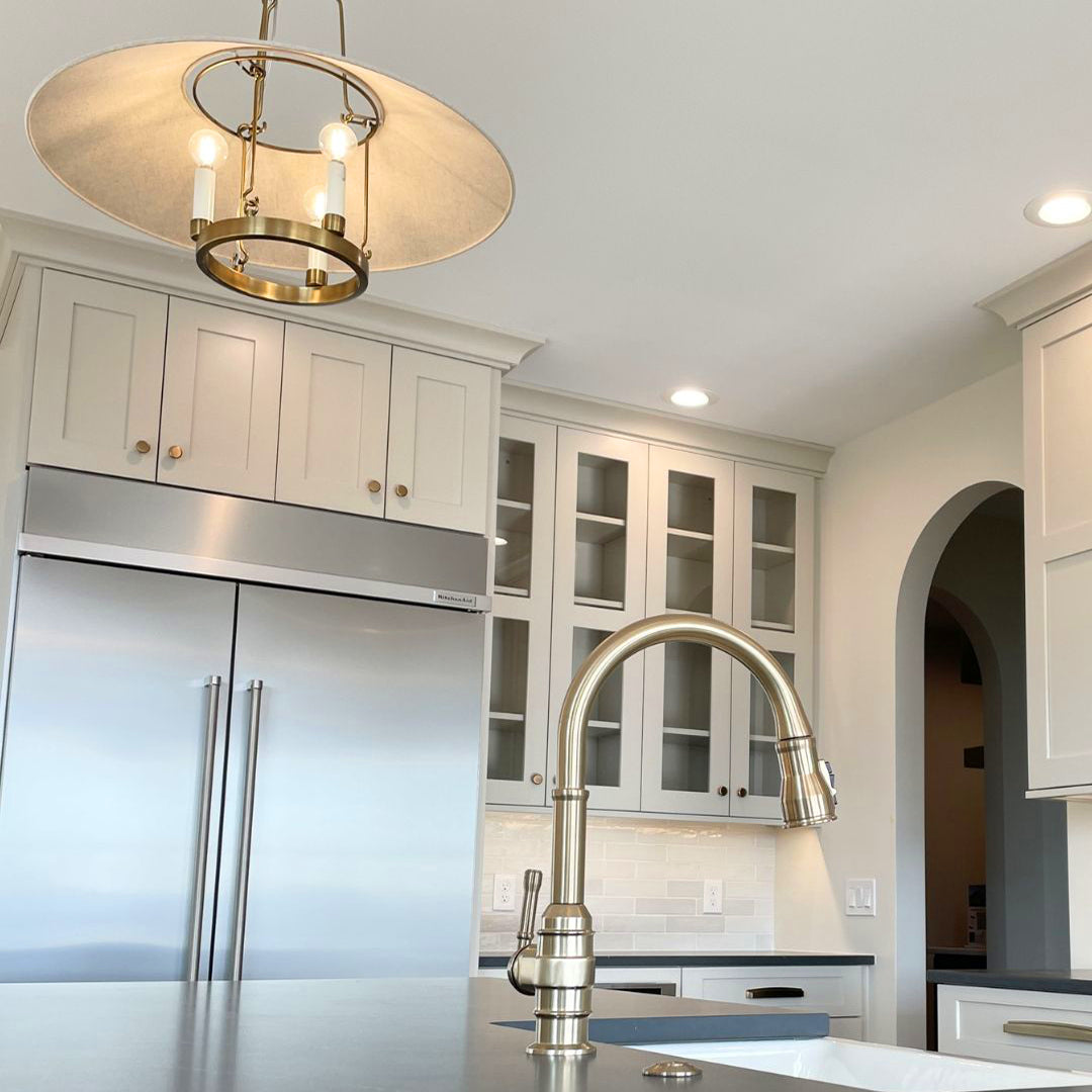 Underside view of a Troy Archive chandelier in a kitchen