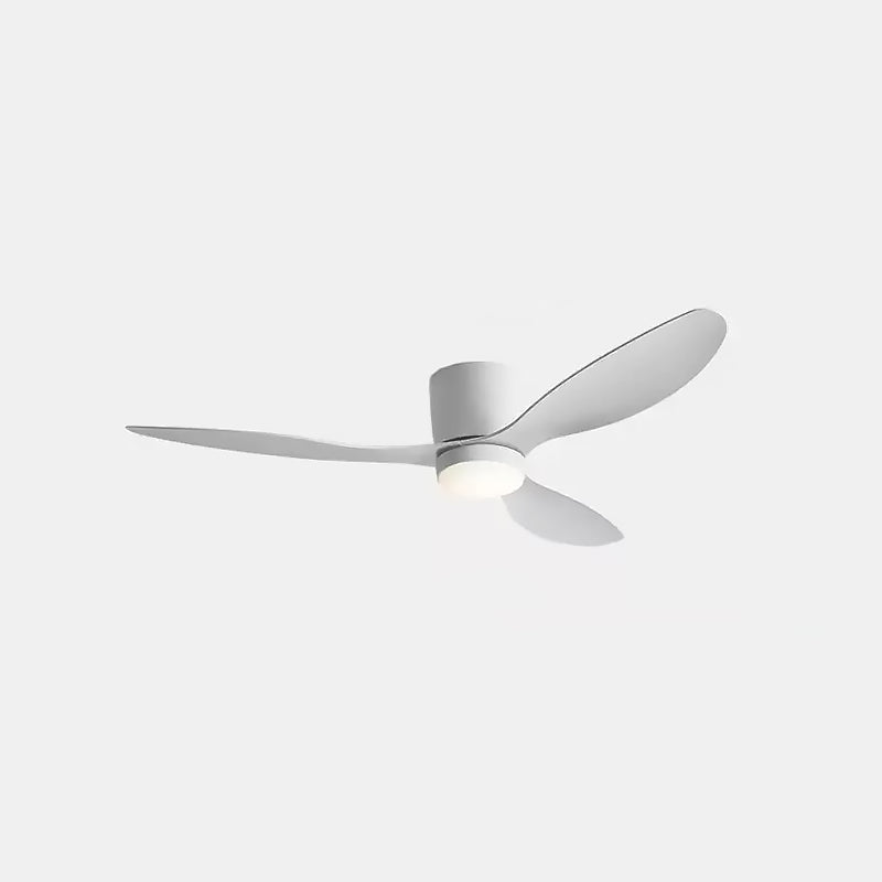 White three-blade Fishtail ceiling fan with a short cylindrical housing and central light