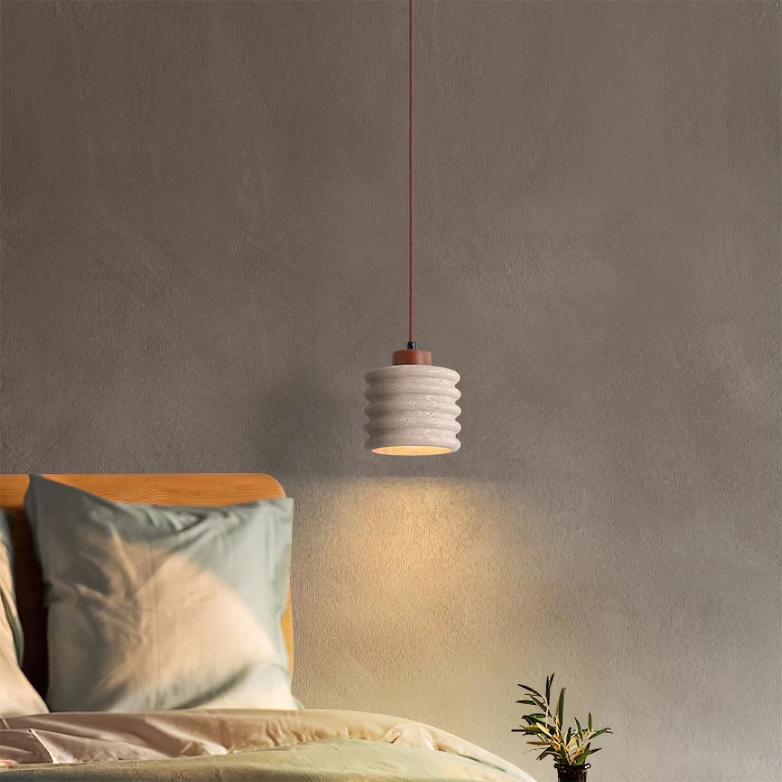 Rustic Travertine Cylinder Pendant with Wood Accent - Cueteks